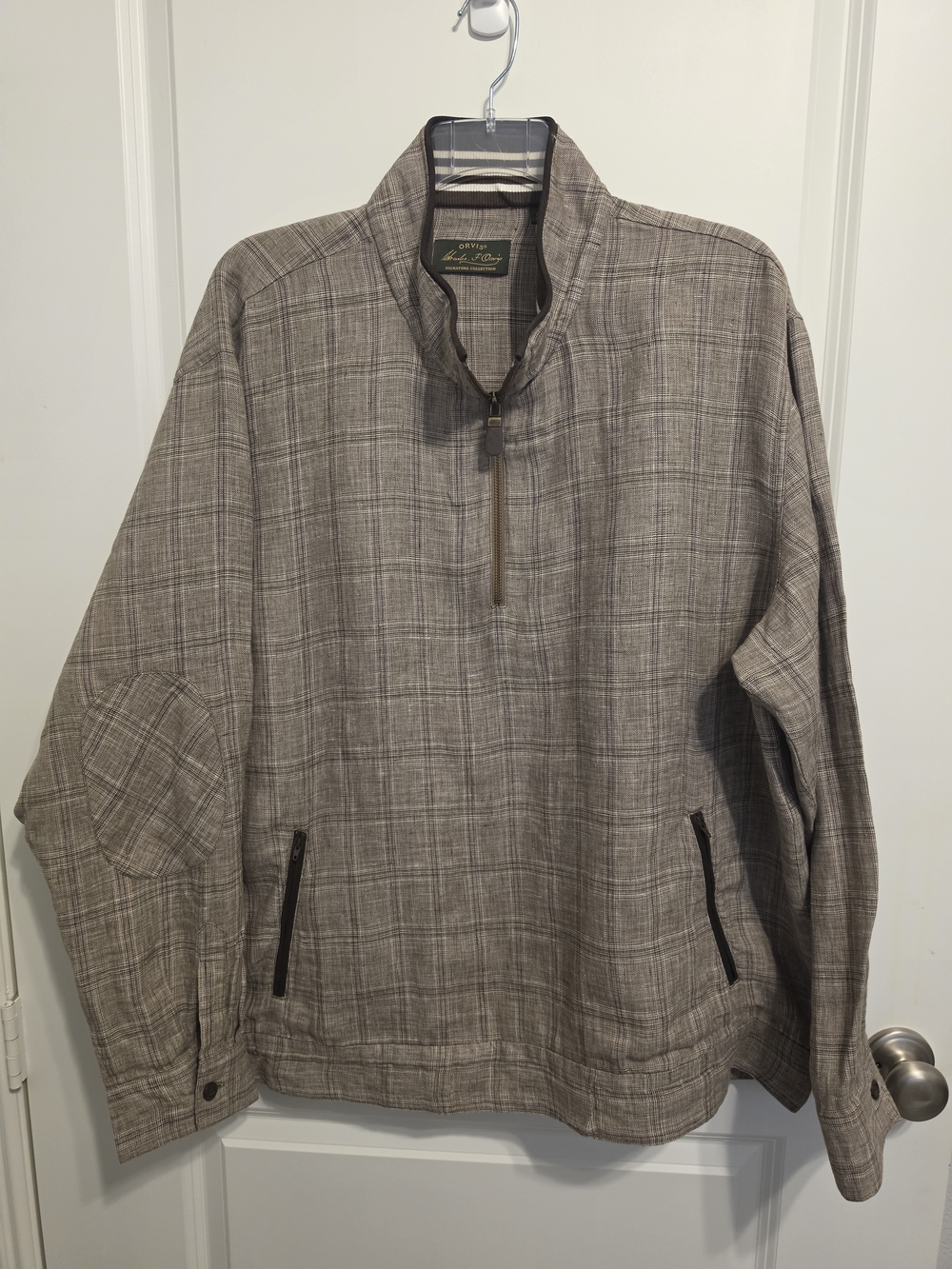 Linen Orvis Plaid Lightweight Quarter-Zip Shirt Jacket in Brown and Gray Plaid